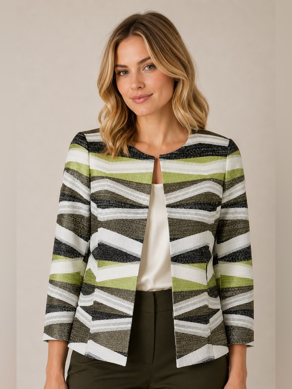Kasper Geometric Open Front Blazer Lime Green Gray Textured Jacket Sz 6